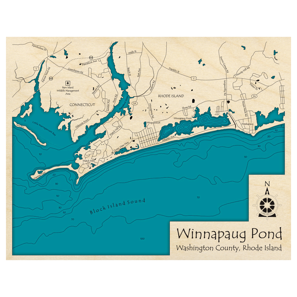 Bathymetric topo map of Winnapaug Pond to Napatree Point, RI with roads, towns and depths noted in blue water.
