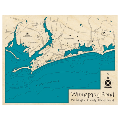 Bathymetric topo map of Winnapaug Pond to Napatree Point, RI with roads, towns and depths noted in blue water.