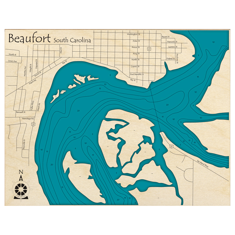Bathymetric topo map of Beaufort, SC with roads, towns and depths noted in blue water.