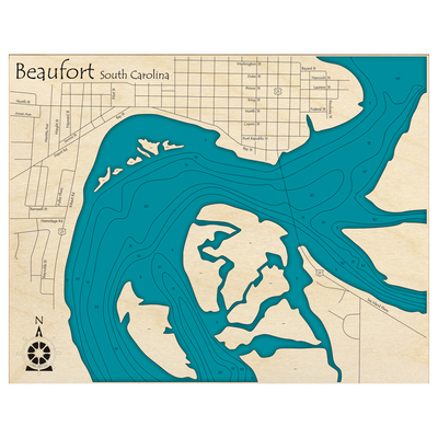 Bathymetric topo map of Beaufort, SC with roads, towns and depths noted in blue water.