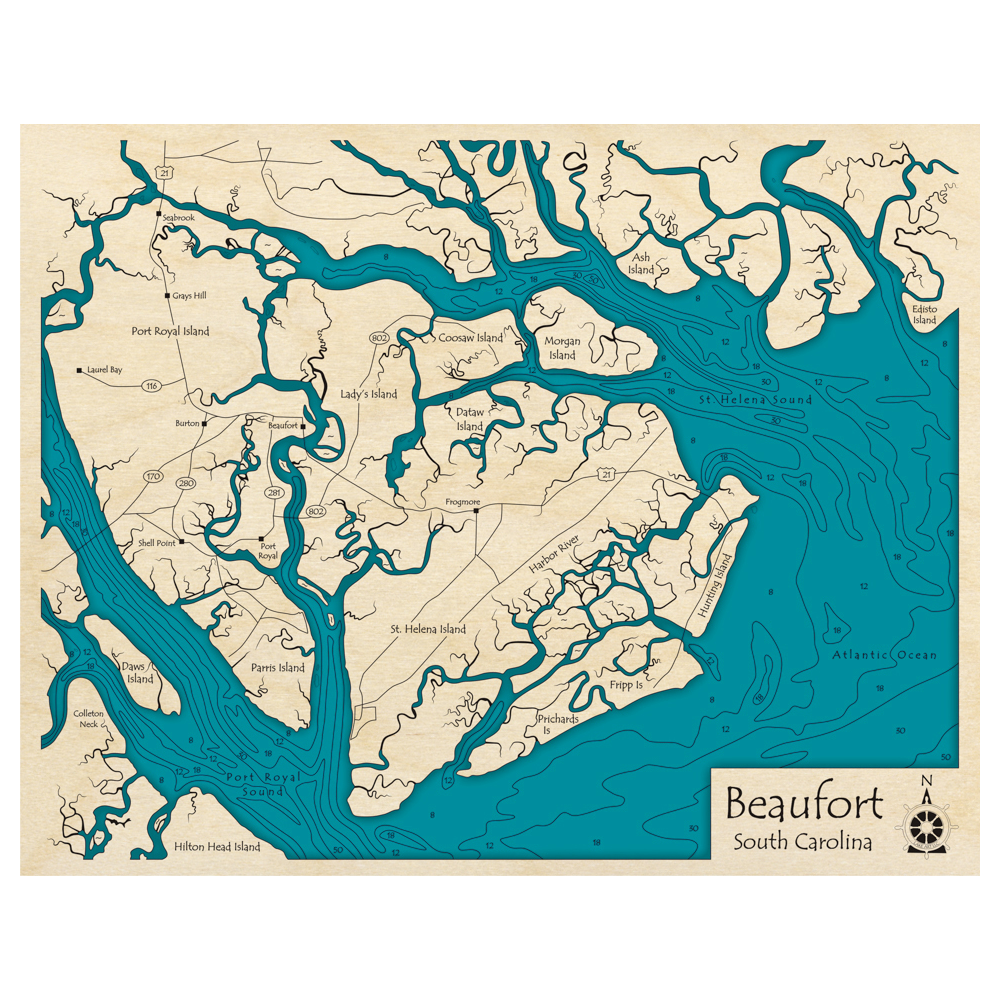 Bathymetric topo map of Beaufort, SC with roads, towns and depths noted in blue water.