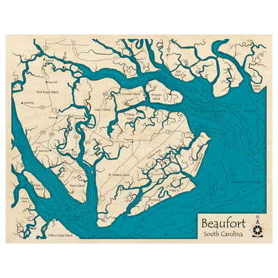 Bathymetric topo map of Beaufort, SC with roads, towns and depths noted in blue water.