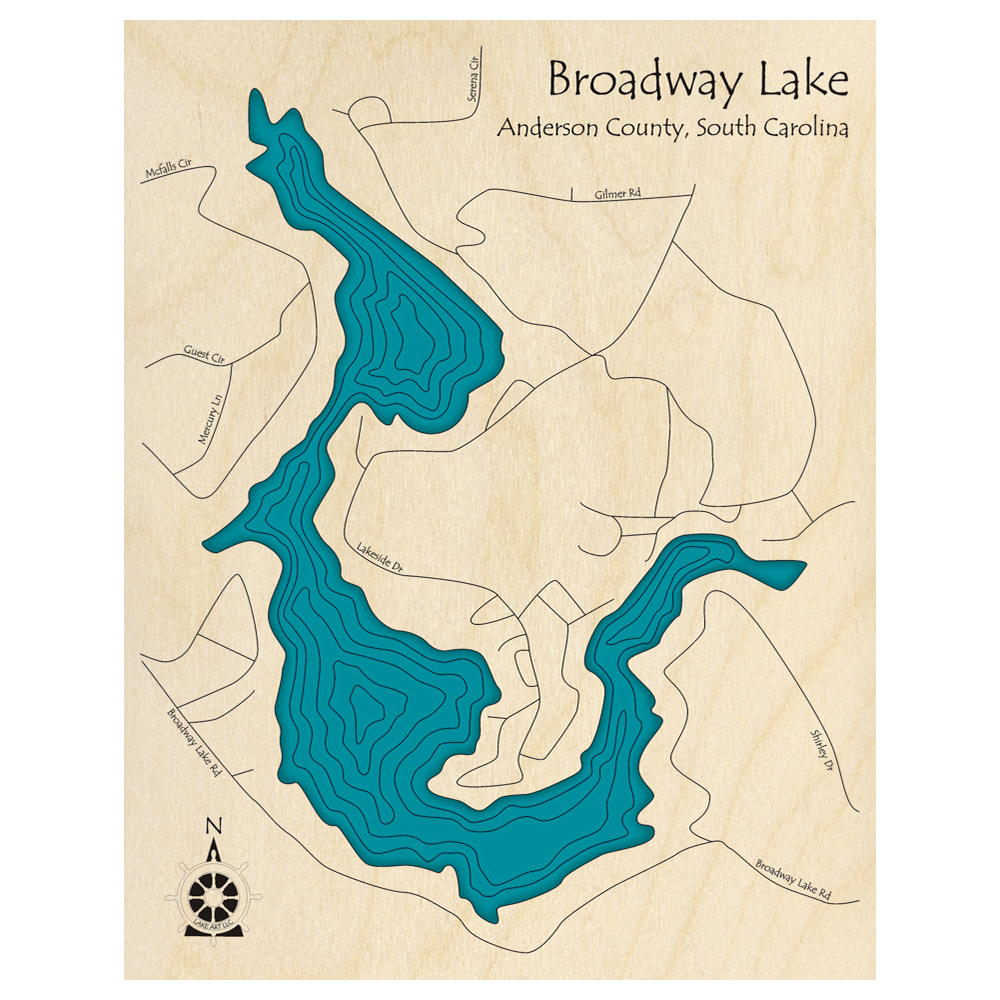 Bathymetric topo map of Broadway Lake, SC with roads, towns and depths noted in blue water.