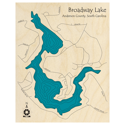 Bathymetric topo map of Broadway Lake, SC with roads, towns and depths noted in blue water.