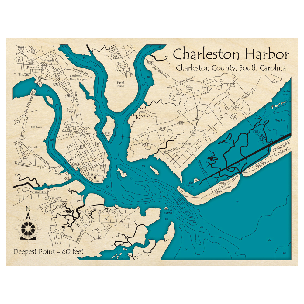 Bathymetric topo map of Charleston Harbor, SC with roads, towns and depths noted in blue water.