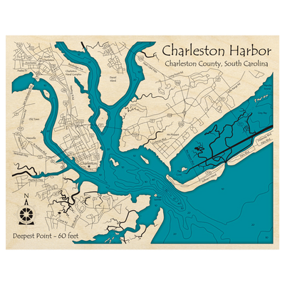 Bathymetric topo map of Charleston Harbor, SC with roads, towns and depths noted in blue water.