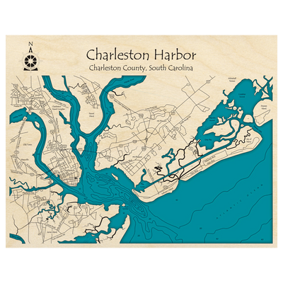 Bathymetric topo map of Charleston Harbor, SC with roads, towns and depths noted in blue water.