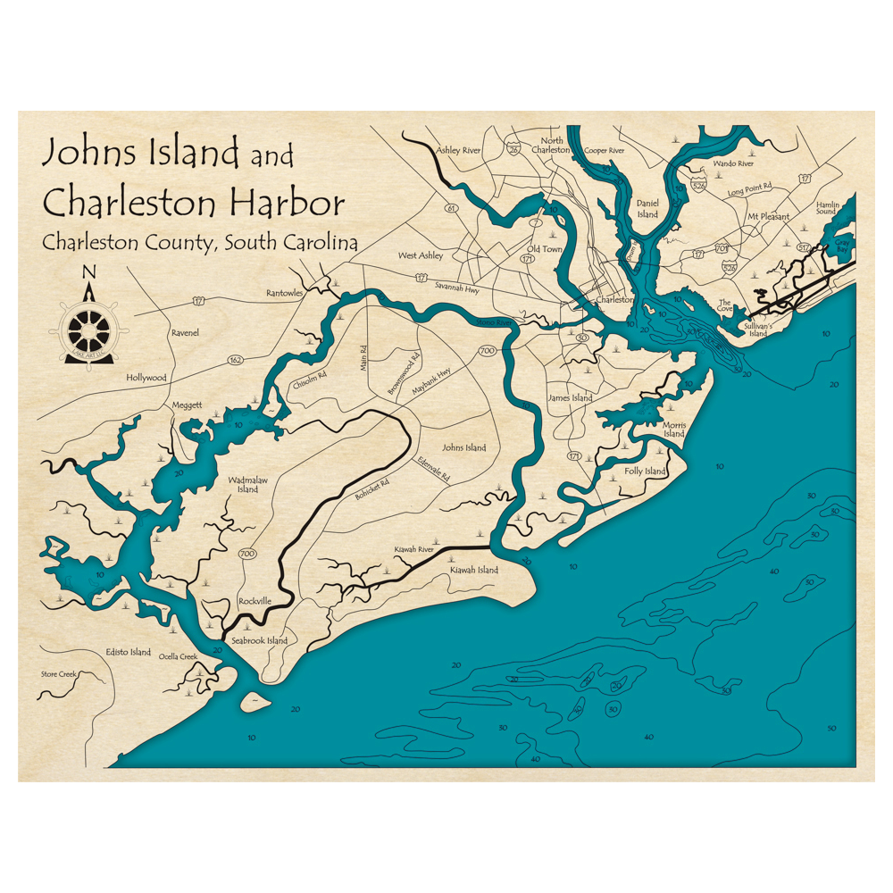 Bathymetric topo map of Johns Island and Charleston Harbor, SC with roads, towns and depths noted in blue water.