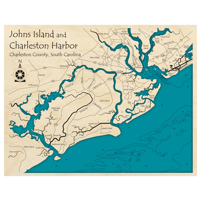 Bathymetric topo map of Johns Island and Charleston Harbor, SC with roads, towns and depths noted in blue water.