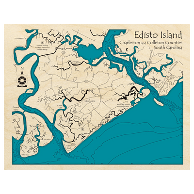 Bathymetric topo map of Edisto Island, SC with roads, towns and depths noted in blue water.