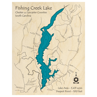 Bathymetric topo map of Fishing Creek Lake, SC with roads, towns and depths noted in blue water.
