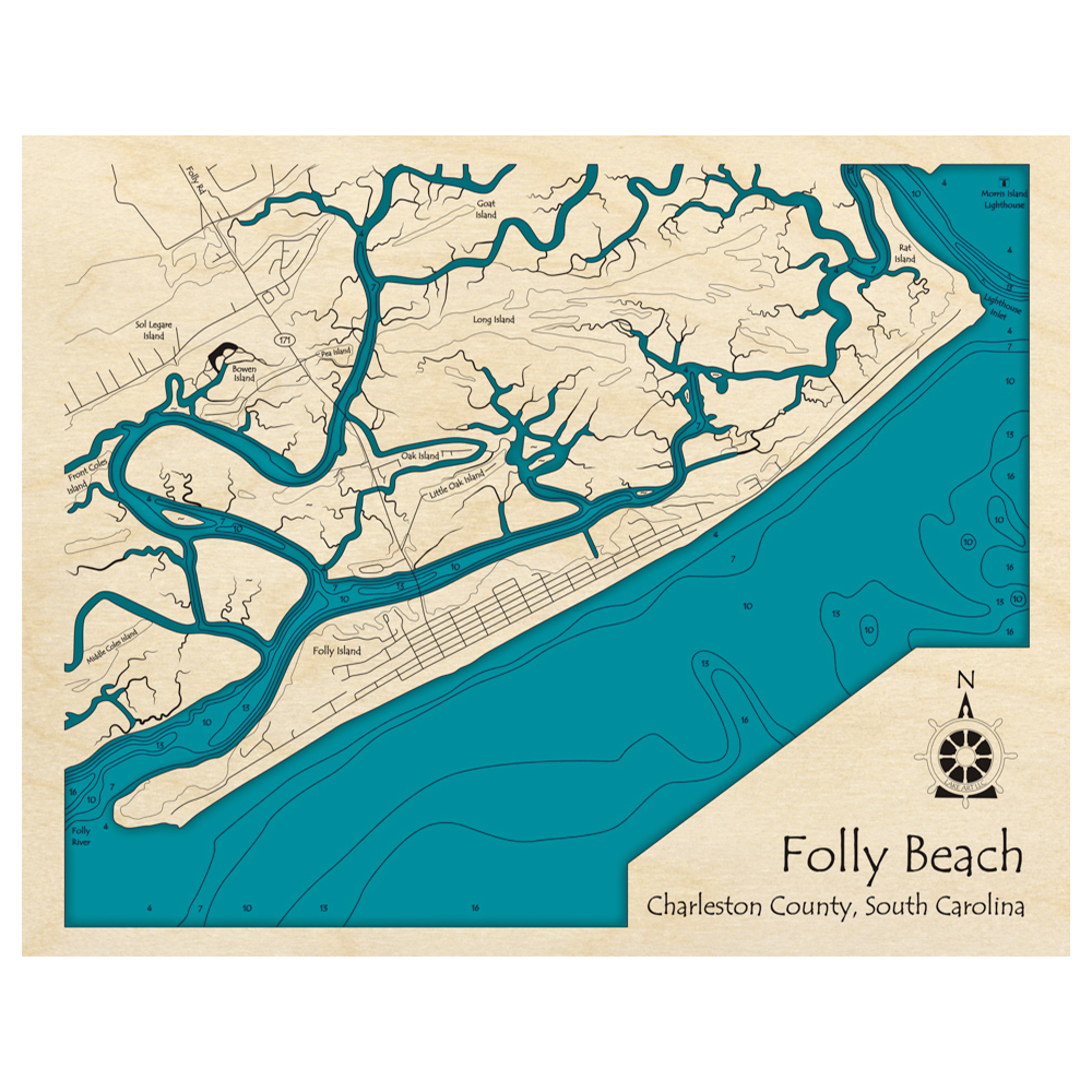 Bathymetric topo map of Folly Beach, SC with roads, towns and depths noted in blue water.
