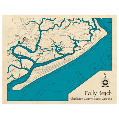 Bathymetric topo map of Folly Beach, SC with roads, towns and depths noted in blue water.