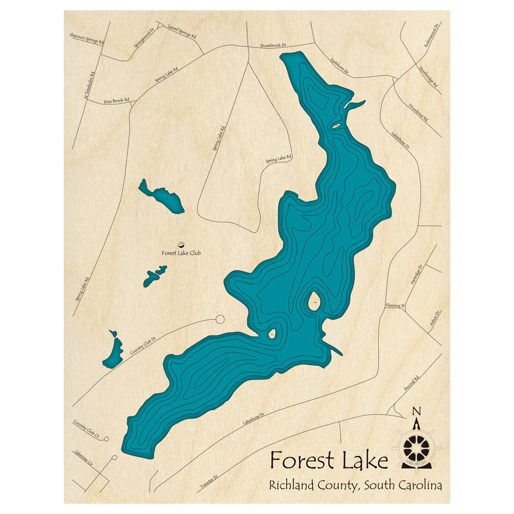 Bathymetric topo map of Forest Lake, SC with roads, towns and depths noted in blue water.