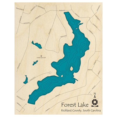 Bathymetric topo map of Forest Lake, SC with roads, towns and depths noted in blue water.