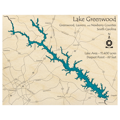 Bathymetric topo map of Lake Greenwood, SC with roads, towns and depths noted in blue water.