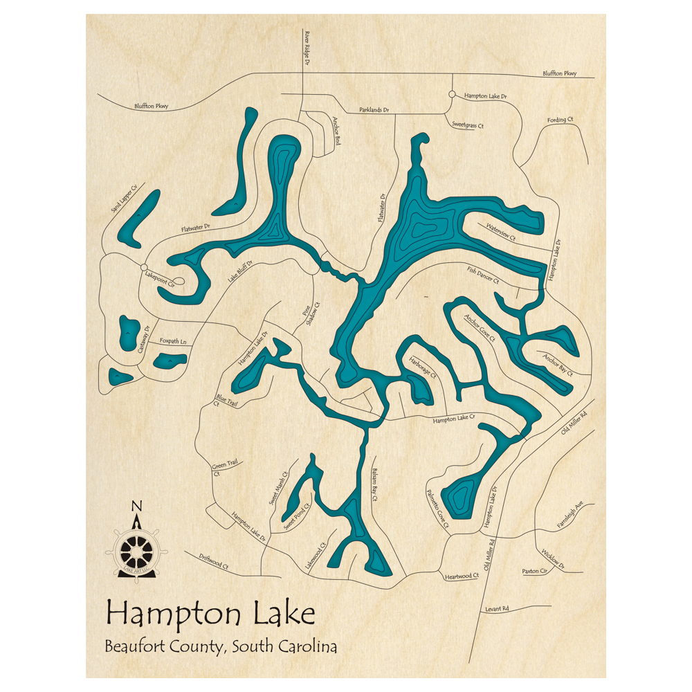 Bathymetric topo map of Hampton Lake, SC with roads, towns and depths noted in blue water.