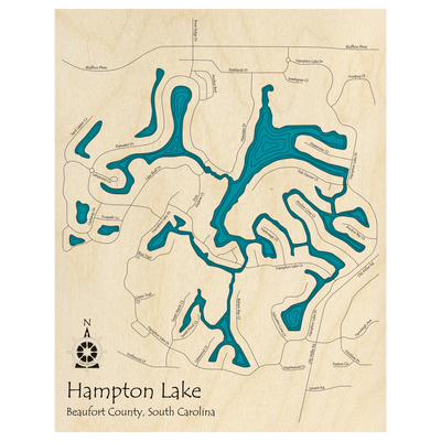 Bathymetric topo map of Hampton Lake, SC with roads, towns and depths noted in blue water.
