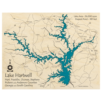 Bathymetric topo map of Lake Hartwell (GA, SC) with roads, towns and depths noted in blue water.