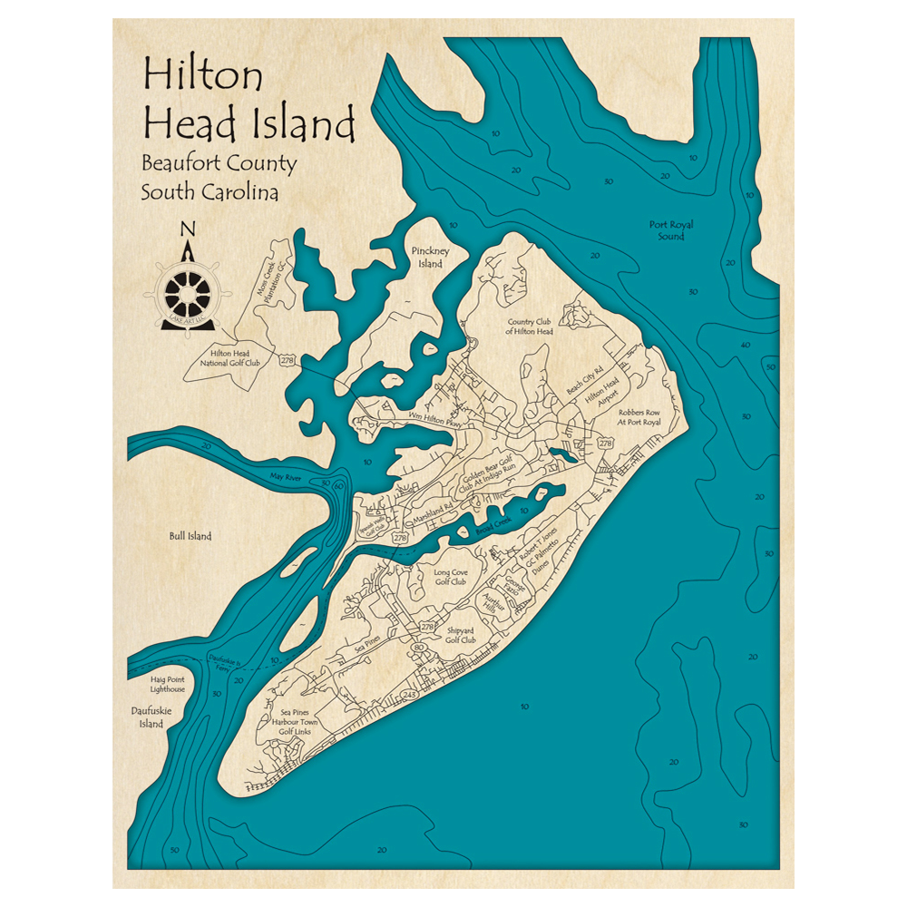 Bathymetric topo map of Hilton Head Island and Port Royal Sound, SC with roads, towns and depths noted in blue water.