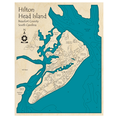 Bathymetric topo map of Hilton Head Island and Port Royal Sound, SC with roads, towns and depths noted in blue water.