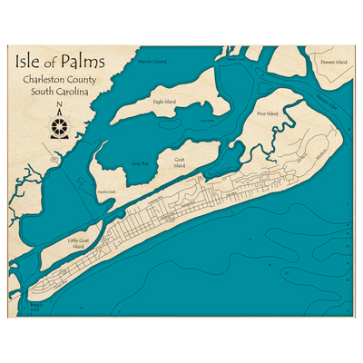 Bathymetric topo map of Isle of Palms, SC with roads, towns and depths noted in blue water.