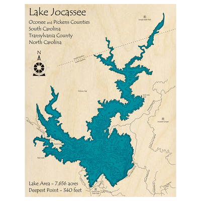 Bathymetric topo map of Lake Jocassee (NC, SC) with roads, towns and depths noted in blue water.