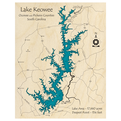Bathymetric topo map of Lake Keowee, SC with roads, towns and depths noted in blue water.