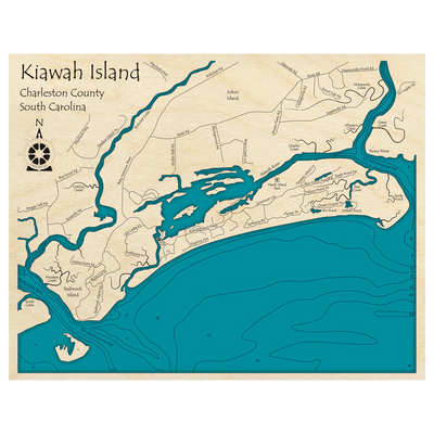 Bathymetric topo map of Kiawah Island, SC with roads, towns and depths noted in blue water.