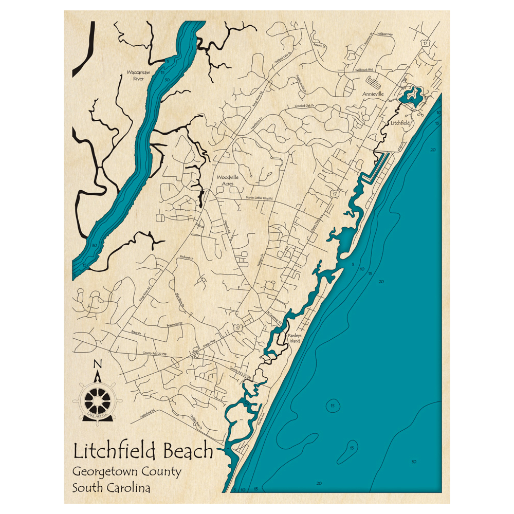 Bathymetric topo map of Litchfield Beach, SC with roads, towns and depths noted in blue water.