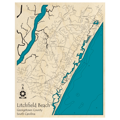 Bathymetric topo map of Litchfield Beach, SC with roads, towns and depths noted in blue water.