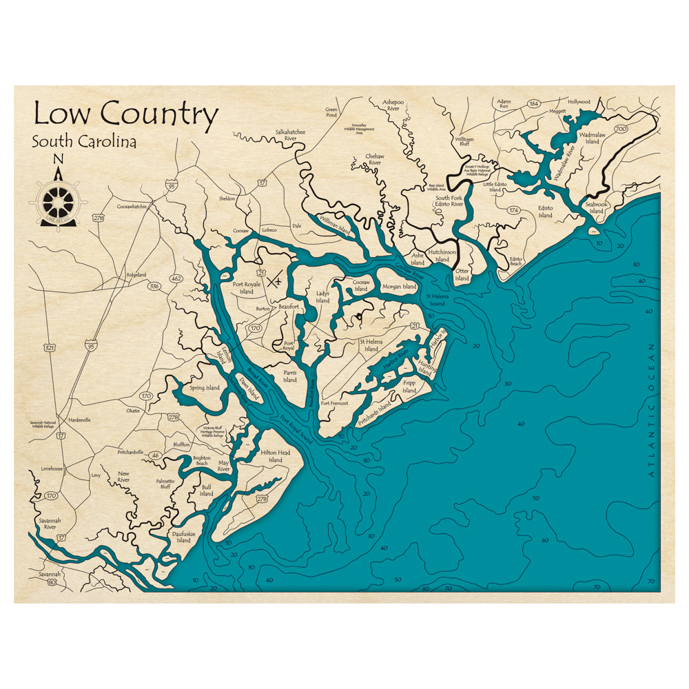 Bathymetric topo map of Low Country, SC with roads, towns and depths noted in blue water.