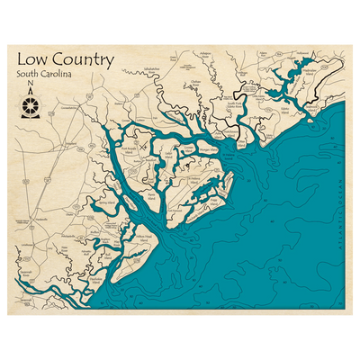 Bathymetric topo map of Low Country, SC with roads, towns and depths noted in blue water.