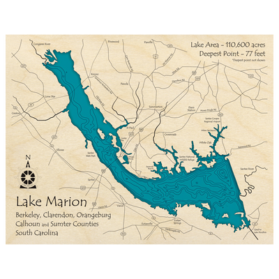 Bathymetric topo map of Lake Marion, SC with roads, towns and depths noted in blue water.