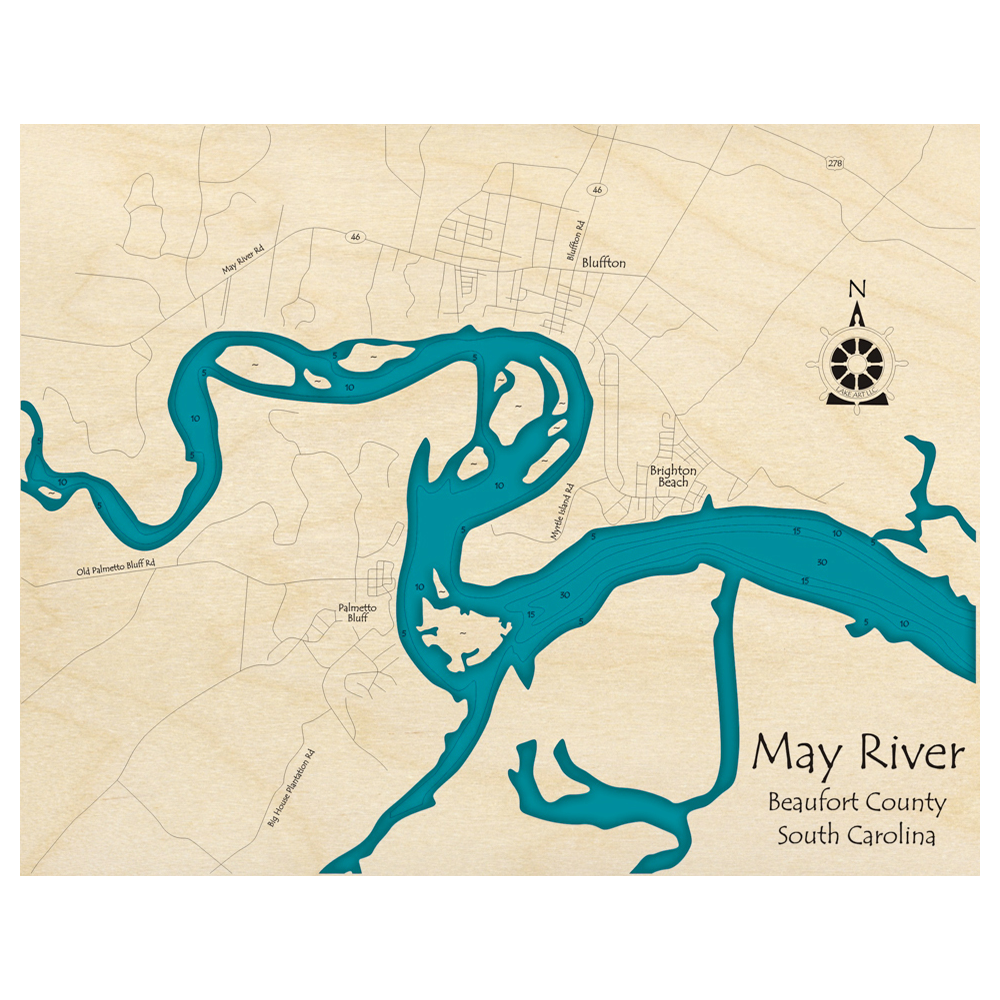 Bathymetric topo map of May River, SC with roads, towns and depths noted in blue water.
