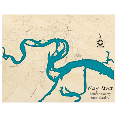 Bathymetric topo map of May River, SC with roads, towns and depths noted in blue water.