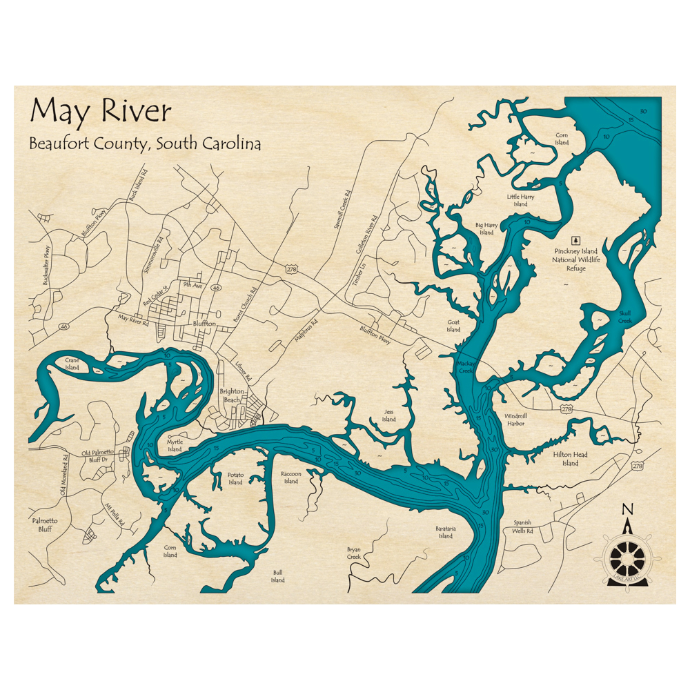 Bathymetric topo map of May River, SC with roads, towns and depths noted in blue water.