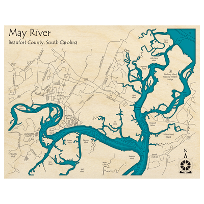 Bathymetric topo map of May River, SC with roads, towns and depths noted in blue water.