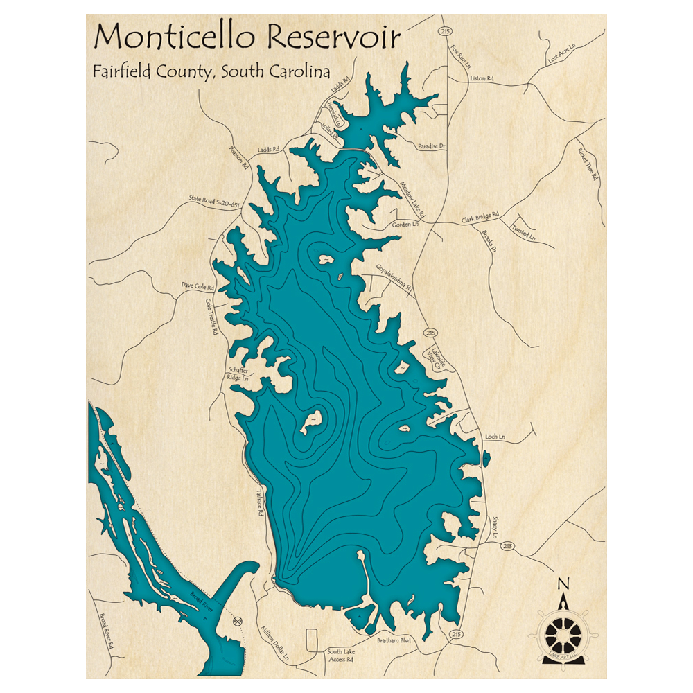 Bathymetric topo map of Monticello Reservoir, SC with roads, towns and depths noted in blue water.
