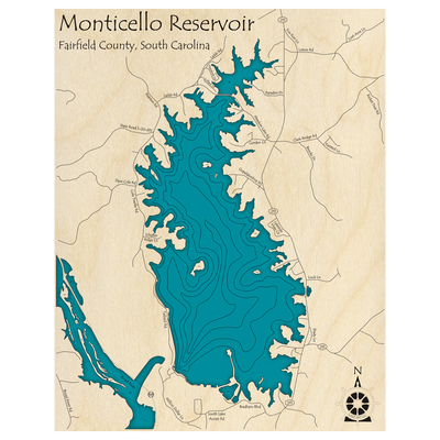 Bathymetric topo map of Monticello Reservoir, SC with roads, towns and depths noted in blue water.
