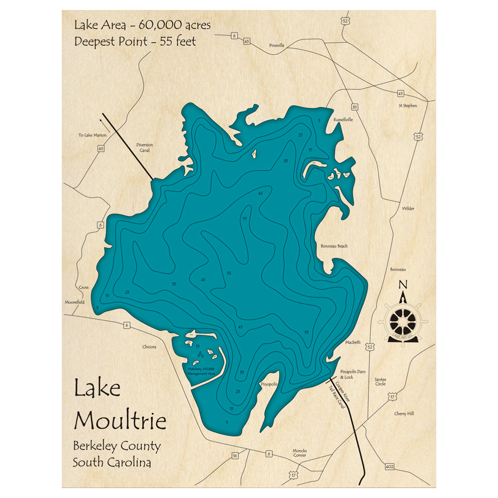 Bathymetric topo map of Lake Moultrie, SC with roads, towns and depths noted in blue water.