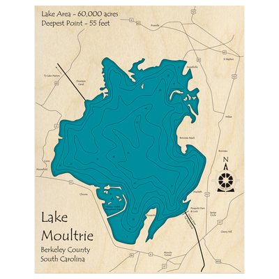 Bathymetric topo map of Lake Moultrie, SC with roads, towns and depths noted in blue water.