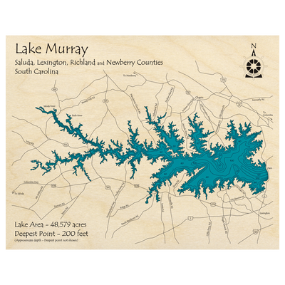 Bathymetric topo map of Lake Murray, SC with roads, towns and depths noted in blue water.