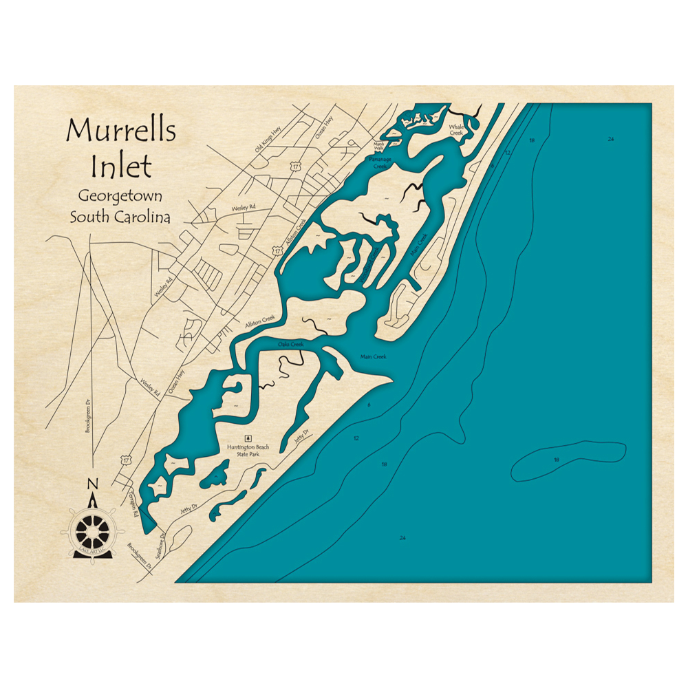 Bathymetric topo map of Murrells Inlet, SC with roads, towns and depths noted in blue water.