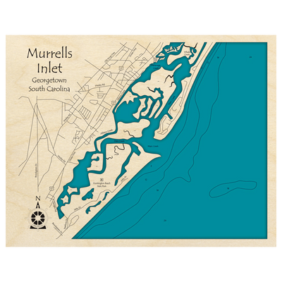 Bathymetric topo map of Murrells Inlet, SC with roads, towns and depths noted in blue water.