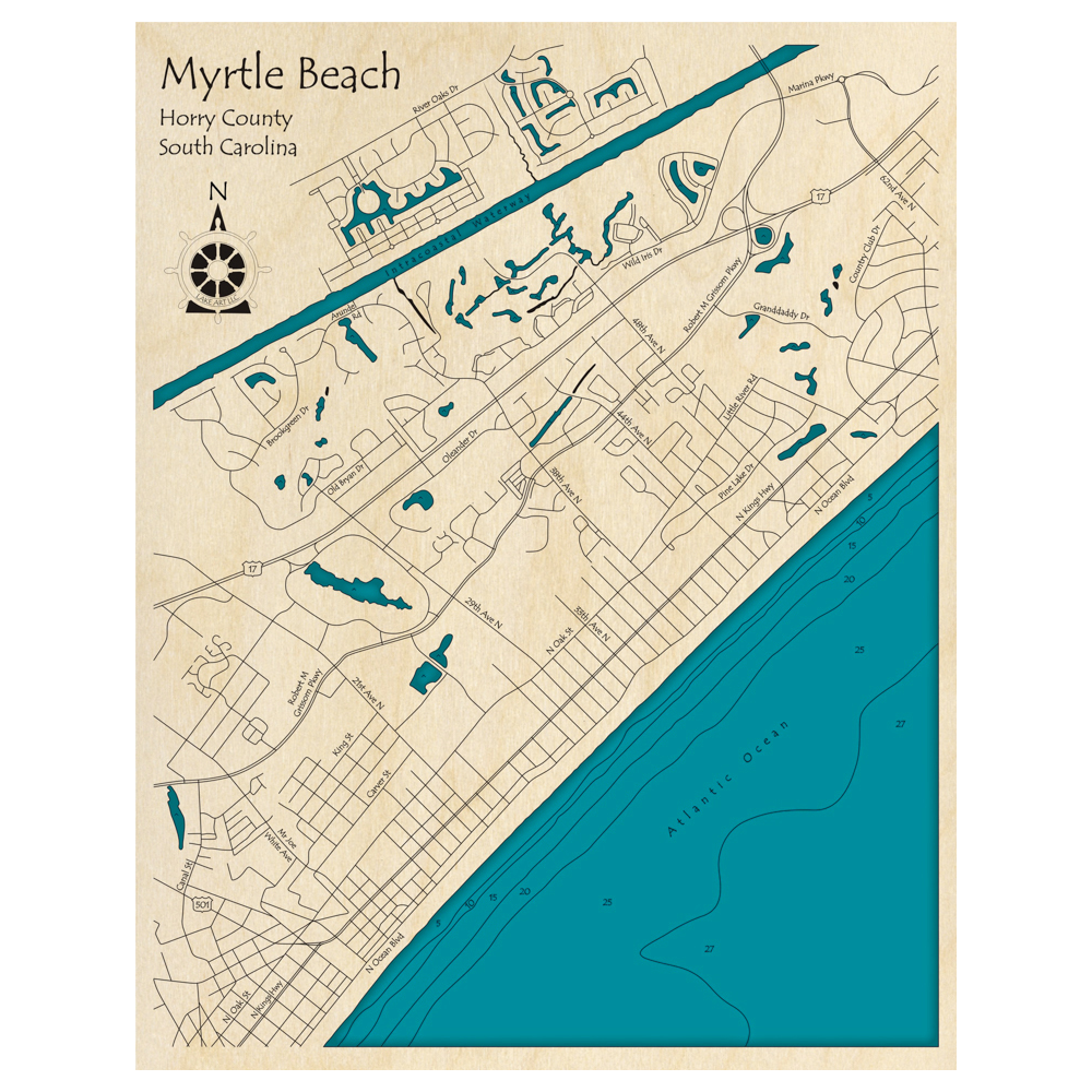 Bathymetric topo map of Myrtle Beach, SC with roads, towns and depths noted in blue water.
