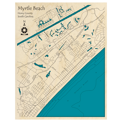 Bathymetric topo map of Myrtle Beach, SC with roads, towns and depths noted in blue water.