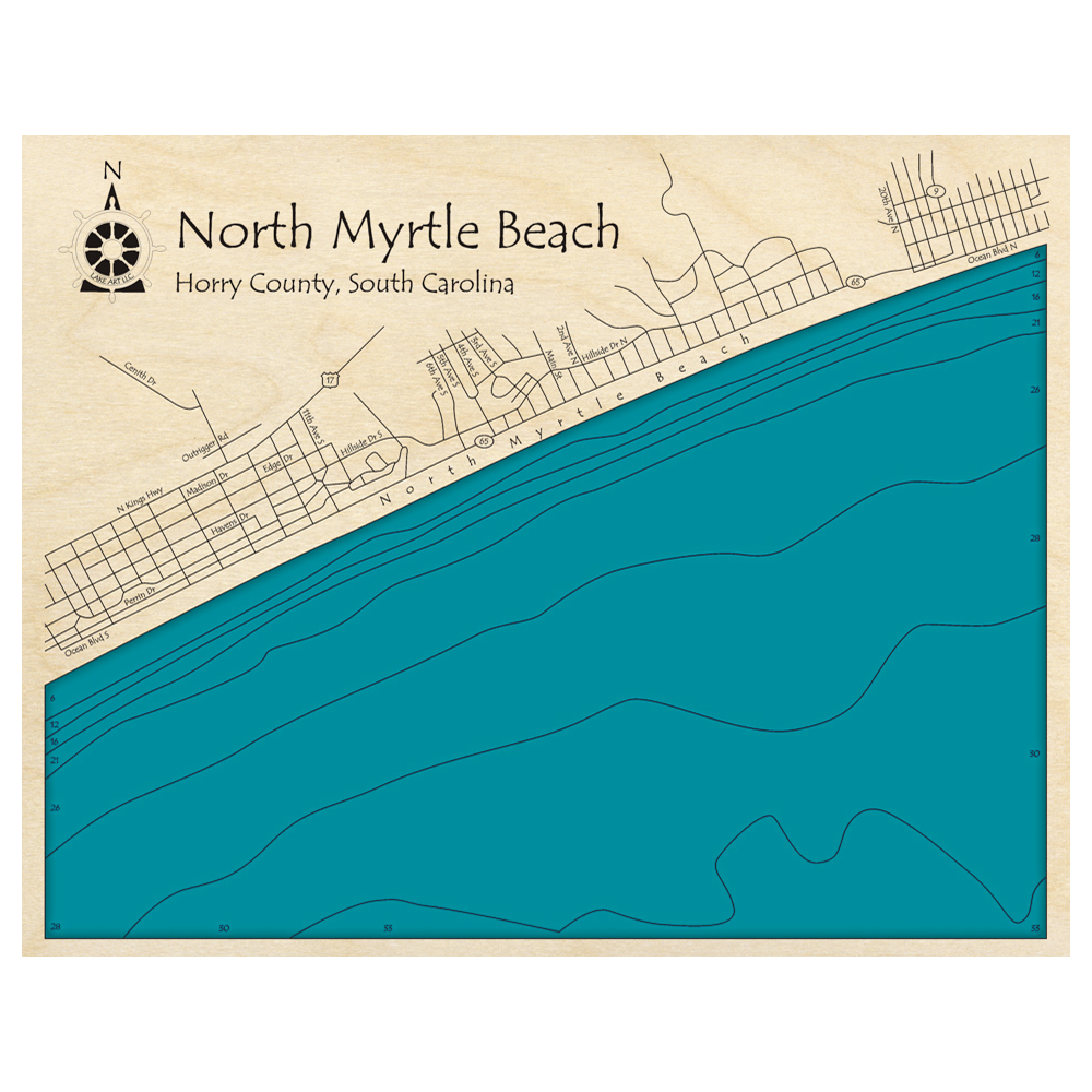 Bathymetric topo map of Myrtle Beach, SC with roads, towns and depths noted in blue water.