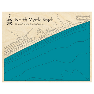 Bathymetric topo map of Myrtle Beach, SC with roads, towns and depths noted in blue water.