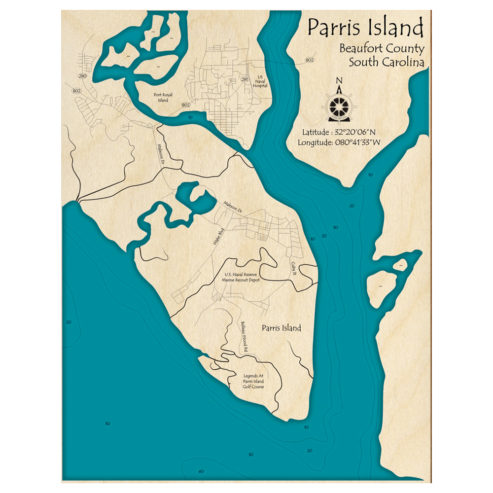 Bathymetric topo map of Parris Island, SC with roads, towns and depths noted in blue water.